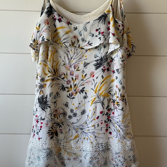 Boho Floral Off Shoulder Mini Dress Lace Hem | Anthropologie Style Size Small - Picture 7 of 10